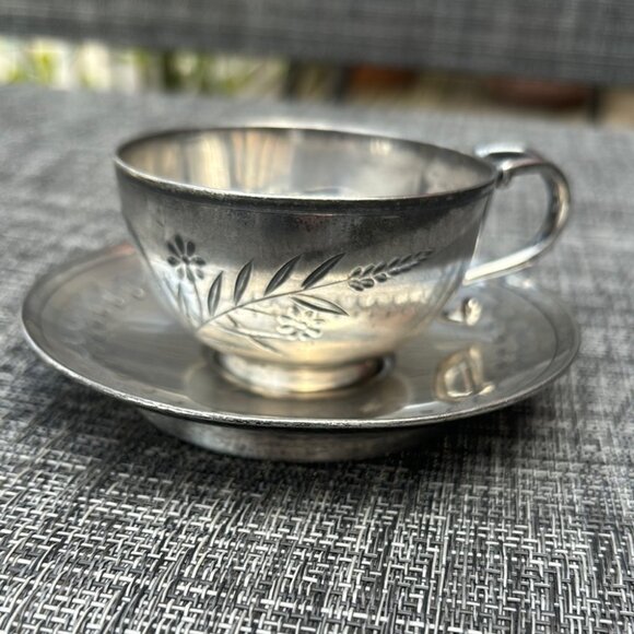 Other - Antique Meriden Quadruple Silver Plate Demitasse Cup & Saucer – Floral Engraved